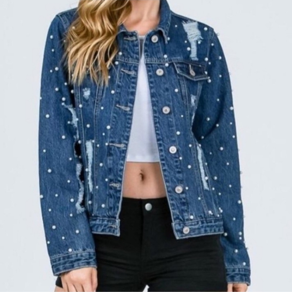 Fiore Destroyed Distressed Pearl Jean Jacket S Super Cute Spring Denim Jacket